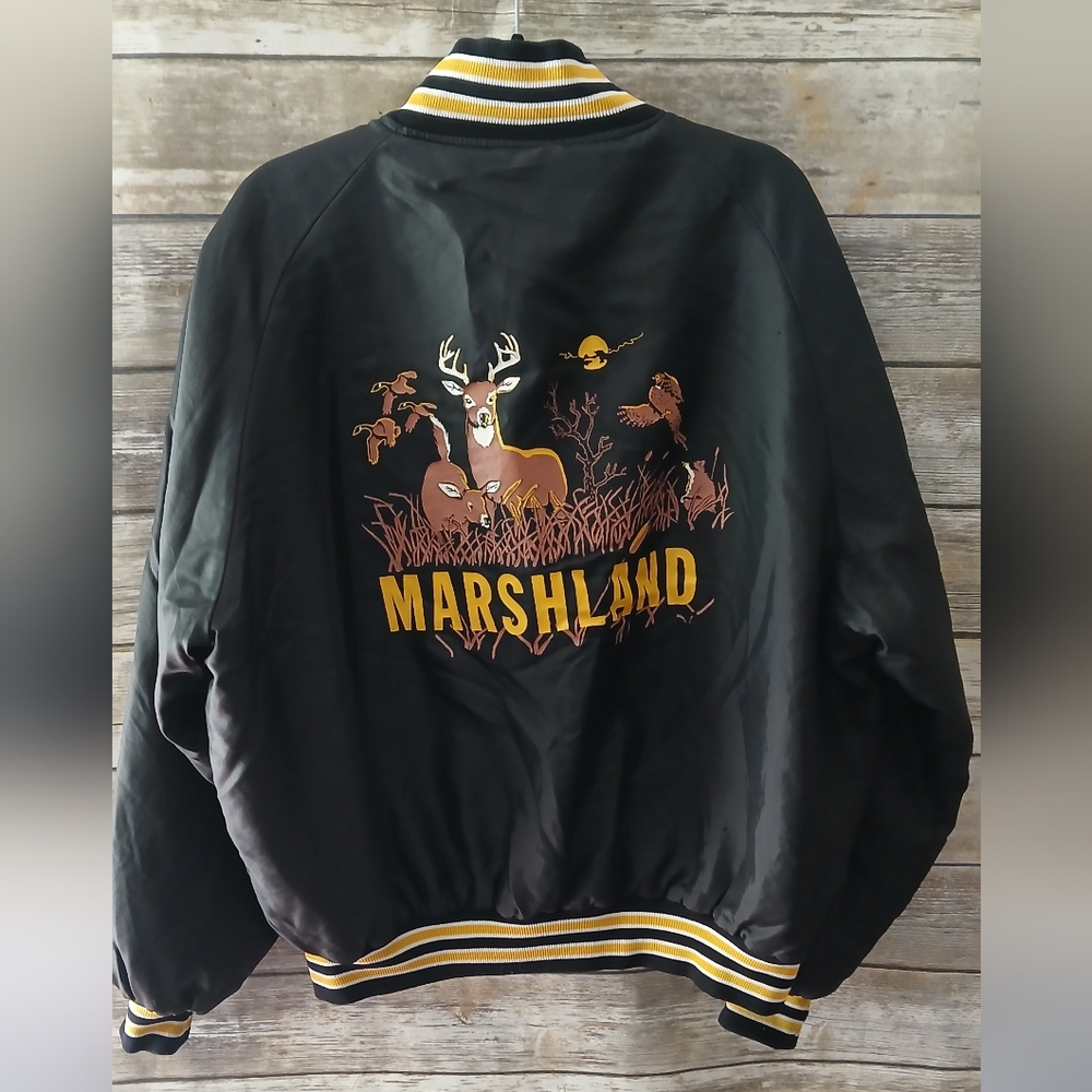 Marshland Black Bomber Jacket with Deer Print, Vintage